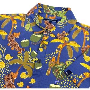 Shore Brand Polo Shirt Mens L Blue Tropical Leopard Nylon Spandex Made‎ In USA